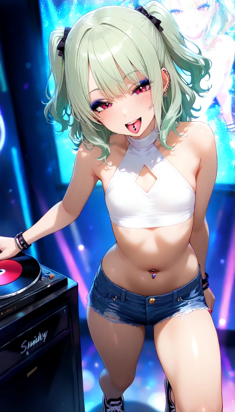 ((mika_pikazo style)), colorful eyes, soft style, masterpiece, solo, 1 girl, topless, large nipples, nipples, black shorts, beautiful art, vibrant, colorful, medium breasts, multicolored hair, cat ear headphones, full bangs, , body, narrow waist, slender legs, hairband, choker, smiling, peace sign, spats, navel, thigh strap, abstract, paint splash, light hair, tongue out, long tongue, side tail hair ornaments, paint on body, waist pouch, heterochromia, star sticker on face, multicolored eyes, high angle shot, top view, black eyeliner, sparkling, winking, side view, arched back, flexible body, serene face, soft eyes, relaxed, calm, holding baseball bat