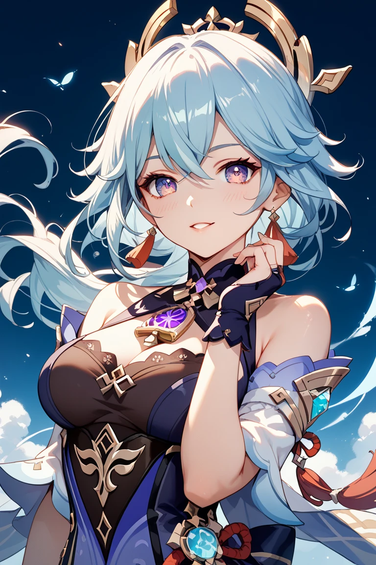 Anime girl with blue eyes and blue luxurious long dress, Smile with double teeth、Smooth anime CG art,chest、Long black hair、Beautiful luster、Watercolor、Detailed digital animation art、Realistic shiny armor,Half Up Hair、Short Curly Hair、Circlet adorned with jewels、Rendering of portrait anime girl、Transparent anime art, Cute girl anime visuals, Fantastic landscape background spreads out、Drawn in an anime studio, Cute 2D anime girl rendering、大きいchest