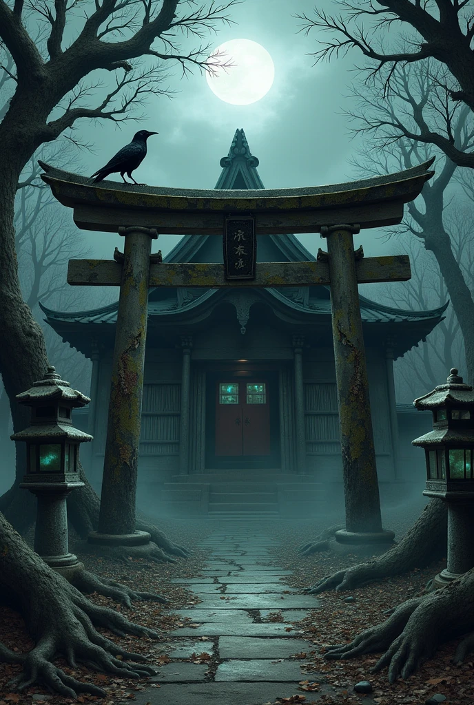 Generate an anime-style image with this description A grim and oppressive scene spreads out in front of you: a Shinto temple forgotten among the twisted trees of a dark forest. The fallen leaves cover the ground, and the thick fog wraps up between the roots as if it had a life of its own. The sky is dirty gray, with clouds that barely let through the light of a pale moon.

The temple is covered with moss, rotten wood and cobwebs. Its crooked pillars are adorned with ancient time-worn Shinto amulets, some still hanging, others lying on the ground. The sliding paper doors (shōji) They are torn, , giving a glimpse of a disturbing gloom inside.

a torii  (traditional Japanese door) half collapsed is found at the entrance, with crows perched on it, making screams that break The silence.  In the background, stone lanterns (tōrō) covered with lichens emit a faint ghostly blue glow, as if spirits were still inhabiting the place.

From the shadows, kitsune statues appear (guardian foxes are torn) with empty looks and cracks in their bodies, as if they were watching everyone who dares to enter. The environment is charged, as if something invisible breathe right behind you.