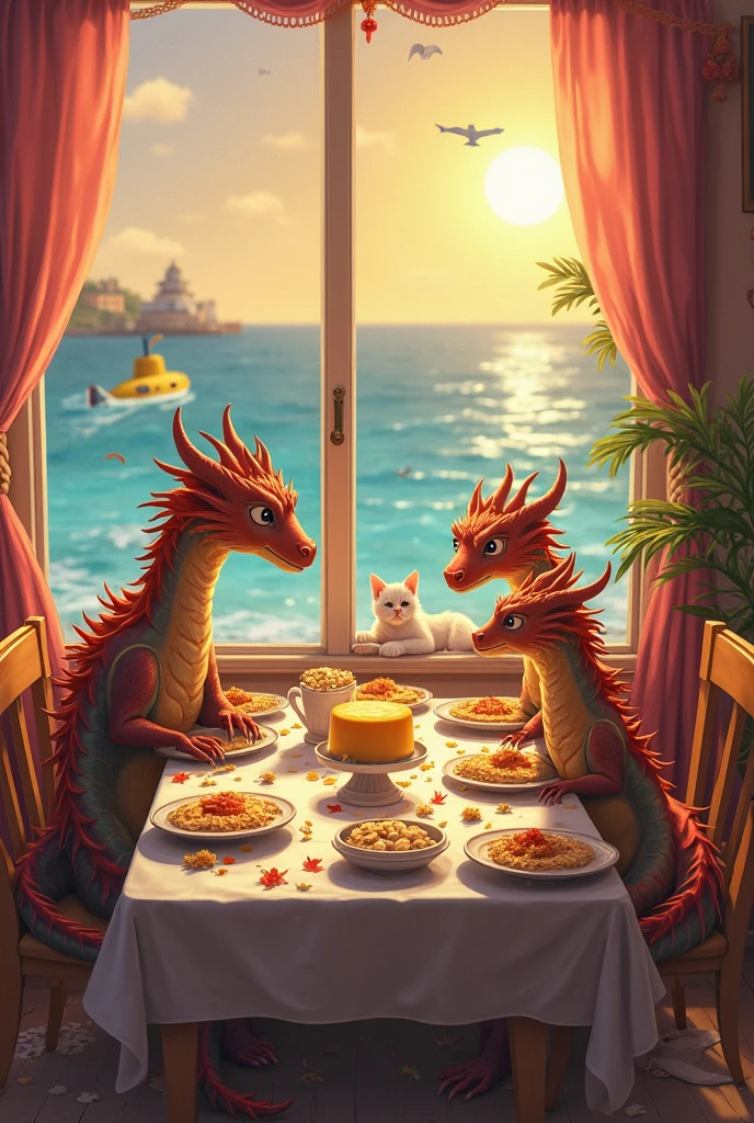 There are three dragons sitting at the table, there are three plates of oatmeal on the table, cheese fondue plate, there is an anime TV on the wall, a white cat is sleeping on a chair, за окном яркое восходящее sun, sea, pier and yellow submarine, April, morning, sun, high detail, high resolution, realistic, professional photo 