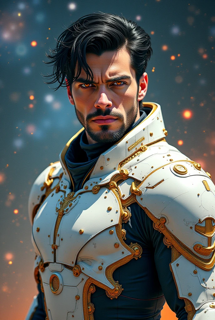 Black-haired man,fiery orange eyes,pele clara, with only goatee beard,with metallic white tactical armor with gold details,with golden cloth parts,on a clear galaxy background