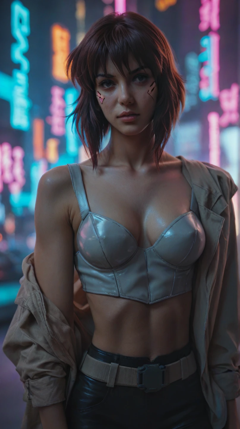 ((high resolution)), athletic, defined muscles, ((pale skin)), freckled, Millie Bobby Brown, ((large breasts)), naked, sexy armor, cyberpunk, neon cityscape