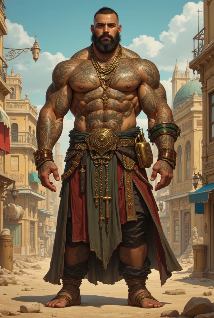 Hyperrealistic image of a full body Superhero Caliph with many jewels and bracelets with a bare torso very sweaty extremely over 80 years old very muscular and fat over 200 kg African American with a bare torso large flabby pecs with a huge turban decorated with huge jewels brown nipples very long gray hair and big gray mustaches with huge tattooed arms in an oasis in the Sahara desert inside a lagoon