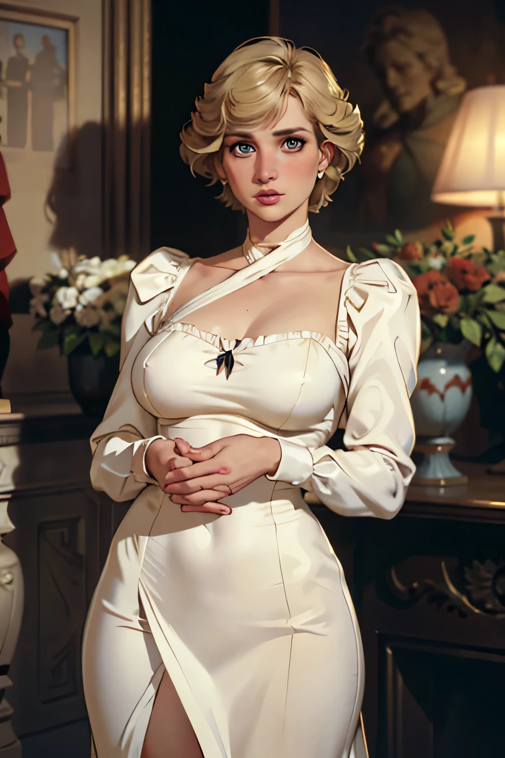 (masterpiece:1.3), (8K, Realistic, RAW Photos, Highest quality: 1.4), (One Girl), Beautiful Face, (Realistic Face), Beautiful Hairstyles, Realistic eyes, Beautiful details, (Realistic Skin), Beautiful Skin, Absurd, charm, Ultra-high resolution, Ultra-realistic, Very detailed, Golden Ratio, (Best Shadow), Cinematic, (Complex:1.4), High Contrast, Side lighting, ((Princess Diana)), ((Accurate hands and fingers)), ((captain england)), 43-year-old Caucasian female, (Blonde Hair, short hair:1.3), (Voluptuous body), BREAK Guards standing in a row