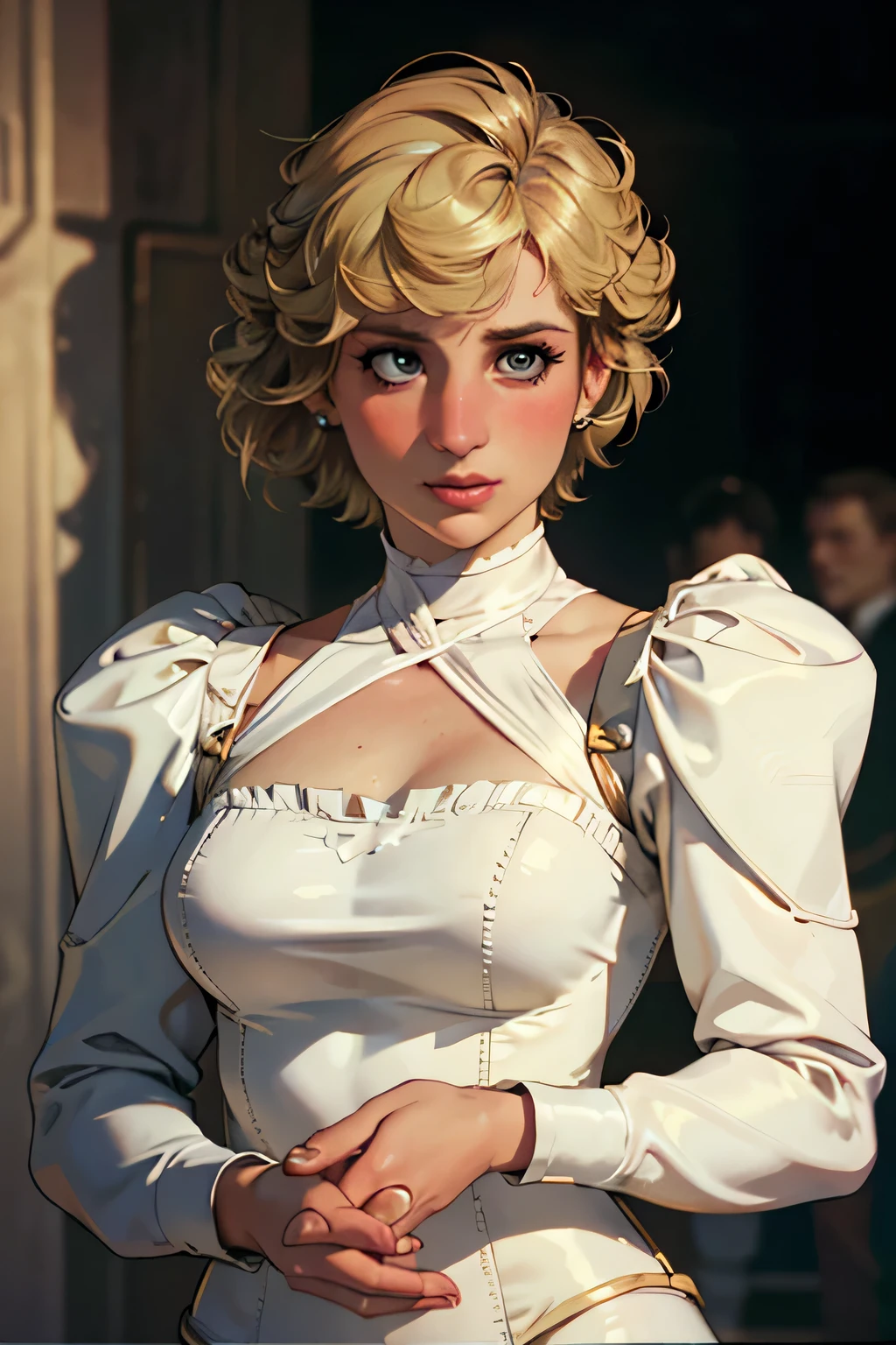 (masterpiece:1.3), (8K, Realistic, RAW Photos, Highest quality: 1.4), (One Girl), Beautiful Face, (Realistic Face), Beautiful Hairstyles, Realistic eyes, Beautiful details, (Realistic Skin), Beautiful Skin, Absurd, charm, Ultra-high resolution, Ultra-realistic, Very detailed, Golden Ratio, (Best Shadow), Cinematic, (Complex:1.4), High Contrast, Side lighting, ((Princess Diana)), ((Accurate hands and fingers)), ((captain england)), 43-year-old Caucasian female, (Blonde Hair, short hair:1.3), (Voluptuous body), BREAK Guards standing in a row