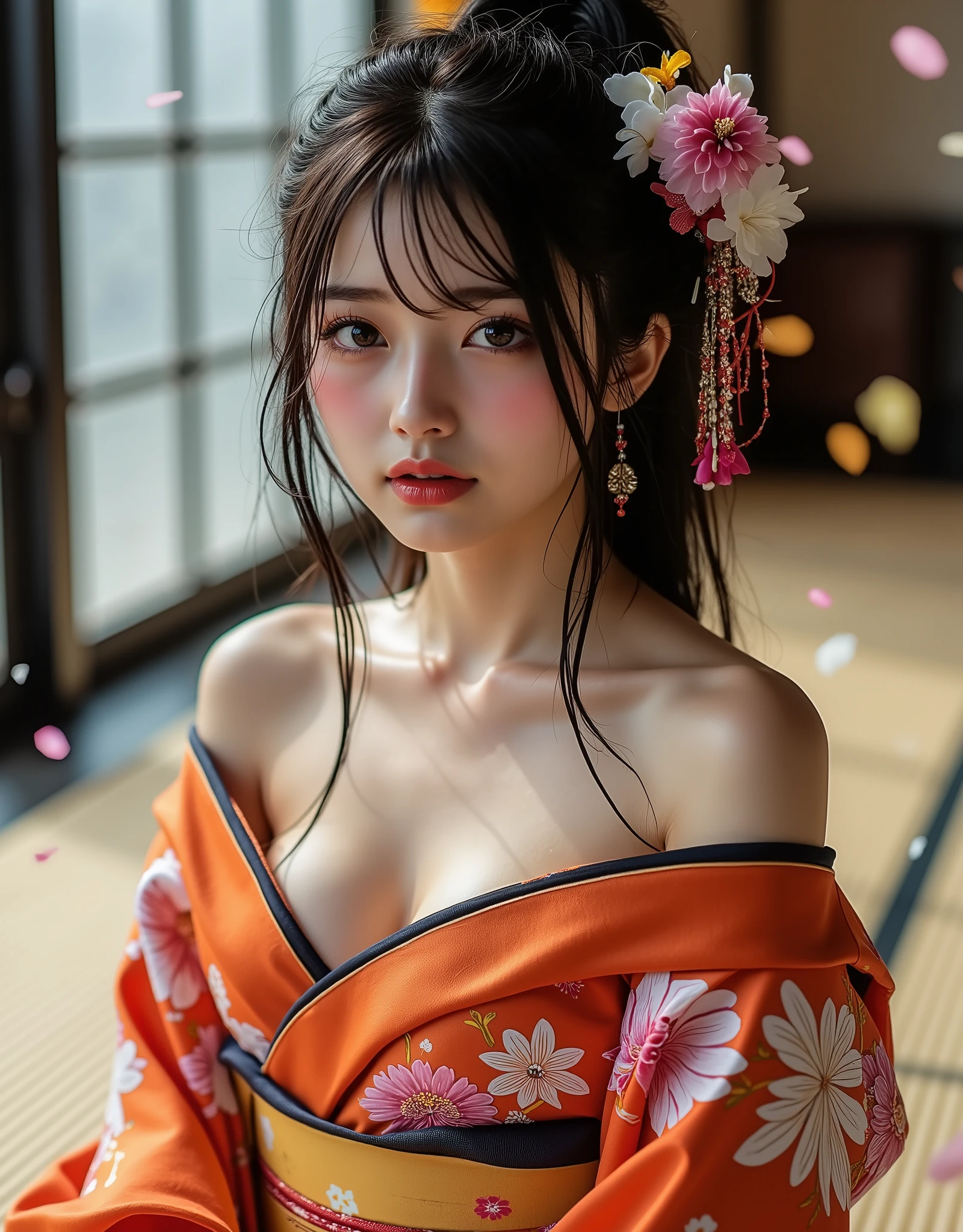 1 busty girl, Extremely beautiful, extremely cute, amazing face and eyes, (big and round eyes:1.15), The expression is calm, (extremely detailed beautiful face), (Courtesan style beautiful and cute floral kimono:1.5), (exposed bare shoulders), (Large breasts:1.2), (Best quality:1.4), (ultra - detailed), (hyper realisitc, realisticlying:1.37), Beautiful white skin, extremely detaild的 CG unified 8k wallpapers, RAW photos, professional photoshooting, 电影灯光, sitted, spread their legs, (groin, Private section:1.2), (Pubic hair is sparse:0.8), Staring at me, (Beautiful floral wallpaper), Bedrooms, futon, pillow head, Bedroom lights dim, candle lighting, Peaceful atmosphere, (Courtesan style:1.3),