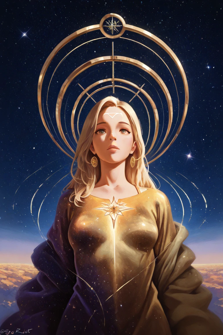 Artwork, surrealism, highly detailed, intricate details, oil painting, best quality, cosmic, starry, a woman holding a two-plate scale, pound sign concept, golden ratio, beautiful, cosmic concept, 8k, cinematic light, starry background, vibrant colors, UHD, by Greg Rutkowski