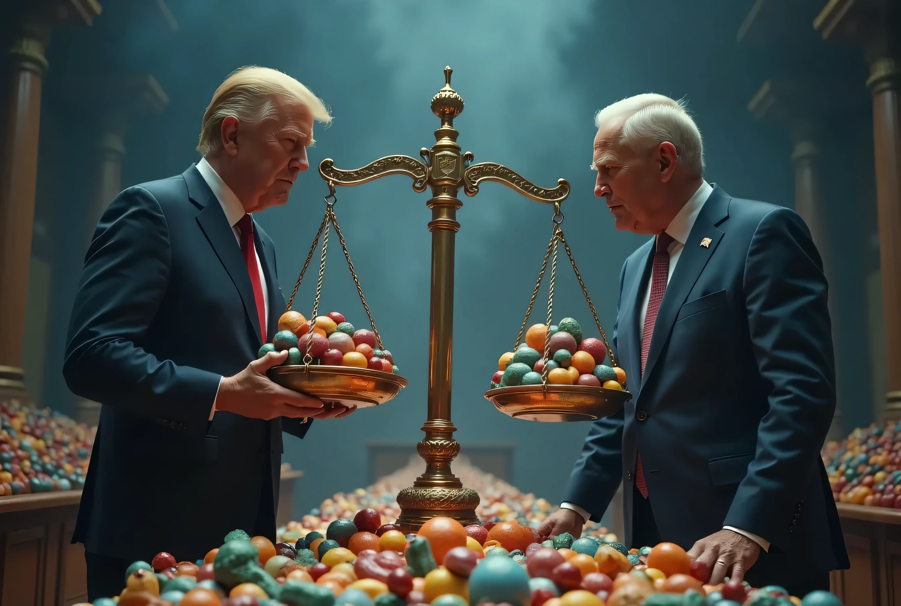 A hyper-realistic scene showing two world leaders—visibly representing different countries—engaged in a tense economic negotiation over a massive balancing scale. One side is weighed down by iphone and electronics, the other by agricultural goods,livelihood necessities and TOYs . Each object is carefully color-coded in rich tones. The lighting is dramatic, with sharp contrast and soft haze, symbolizing the delicate balance of global trade and tariffs.