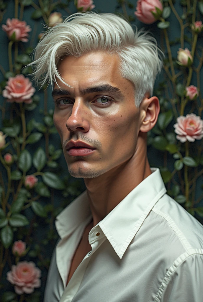 A young man with short white hair who look extremly handsome like young johnny depp. Wearing white shirt for flowery portrait. He looks kinda cold, around 30 years old