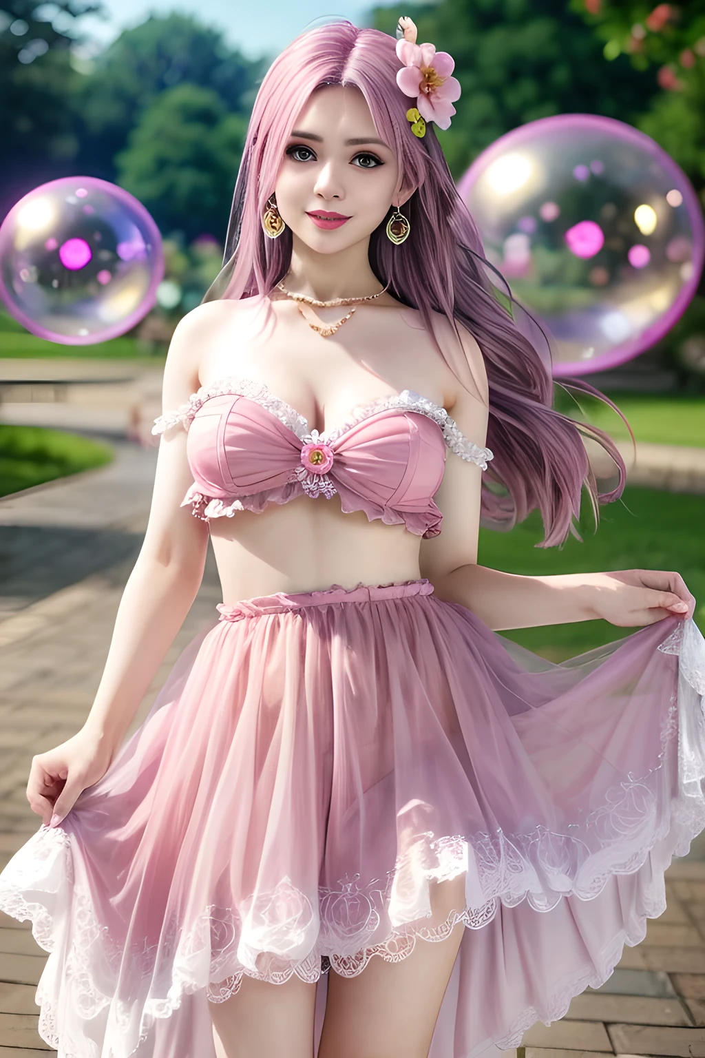 Photogenic、top-quality、tmasterpiece、Angle from Above、Japan women、18 years old、Pale pink blonde hair、lustrous Some hair、Very short、Purple hair、perm、Korean style beauty、largeeyes、Double eyes、small tits、White ruffled chiffon sleeveless top, White tulle maxi skirt dress, Wicker basket bag.、Lace underwear、