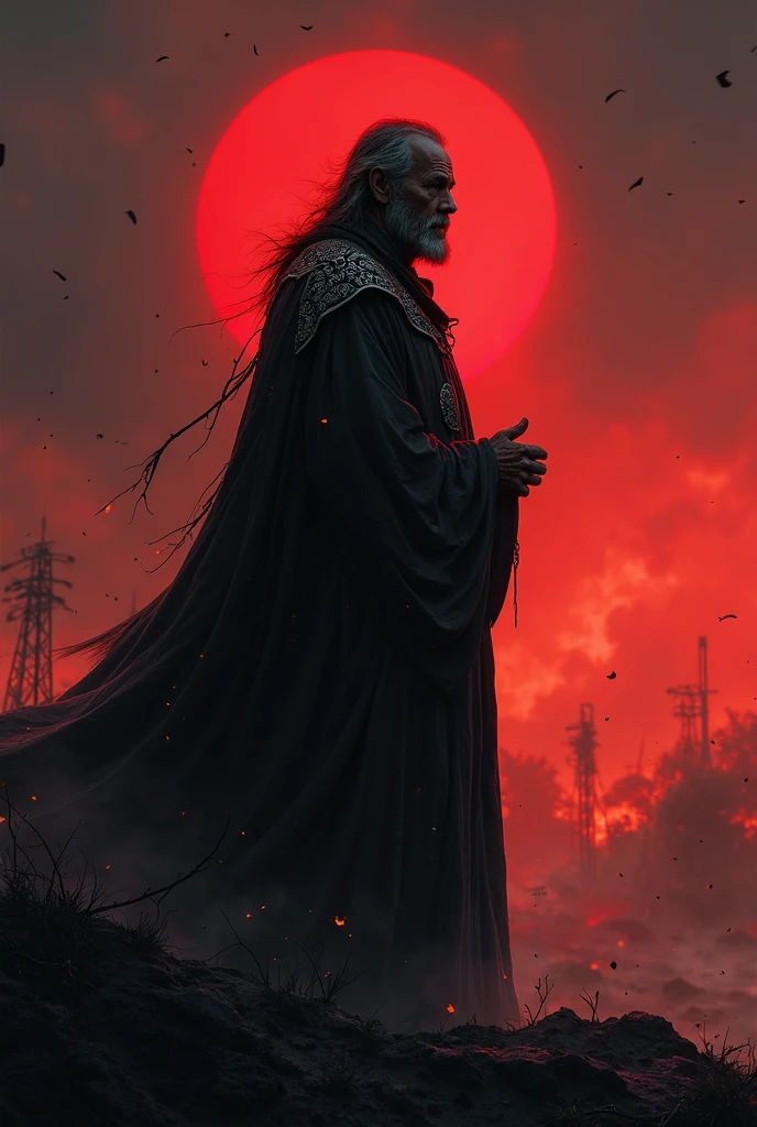 Civil priest after the war. Black and red light accent background