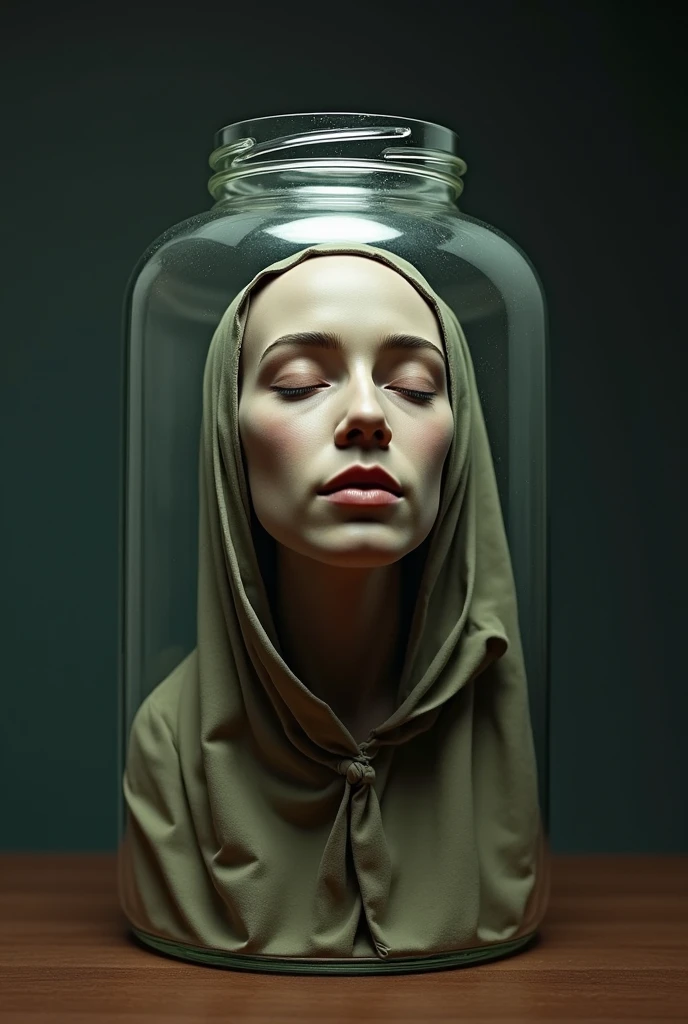  (( Severed Head with hijab , stored in a glass jar)),  headless ,  ????,  Beautiful woman, (  eyes closed  ), ( realistic), ( in high quality) looking forward at viewer