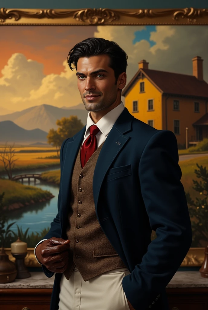 (3/4  side view), (fullbody photorealistic evocking homoerotic elegant etherea male beauty scene),  the most tender ever seen, masterpiece: 1.5, beautiful lighting, best quality, beautiful lighting, realistic and natural image, intricate details, all in sharp focus, perfect focus, photography, masterpiece, meticulous nuances, supreme resolution, 32K, ultra-sharp, extremely shallow depth of field, RAW photography, maximum quality. IMAX quality camera. Volumetric lighting, (extremely detailed skin texture and pores).

Imagine a beautiful professional photograph of a handsome man. Full body shot. Shot from above, aerial shot. Close-up shot, ((close up))

The setting is a rural landscape in the distance black house, river, bridge and yellow fancy mexican farm house,  golden  hour
He is smiling  staniding, looking at the camera (natural relaxed pose)
(he is wearing classic horseman very formal england outfit: ((brown boots)), ((white pants)), ((white shirt)), ((navy blue button-down jacket)), ((red tie)), ((brown gloves))
he is standing in a  minimalistic soft colors living room, with a large painting on the wall with a landscape with yellow intense plantation house e, standing looking at the camera

((Czech 18 years old man)), slender toned atlethic aesthetic  strong body,  190 cm, young, 18 years old,  extremely natural and shiny skin, black hair, short hair, wet hair moves with the wind, perfect proportions, masculine attitude, masculine curves, ((perfect hands)). virile, narrow waist, light blue eyes, big and bright eyes. no facial hair, big and voluptuous crotch, bulge under clothes, thick legs. fleshy chest, pubic hair, chest hair, armpit hair. handsome  showing his varonil, masculing gaze, white skin, green eyes, black straight short hair, roman nouse, thin lips, square jaw, square face, smirking, focus on  strength and expertise of the man is visible. It is a close-up image, focused on the strong man

evocking homoerotic elegant etherea male beauty scene, paul_ch