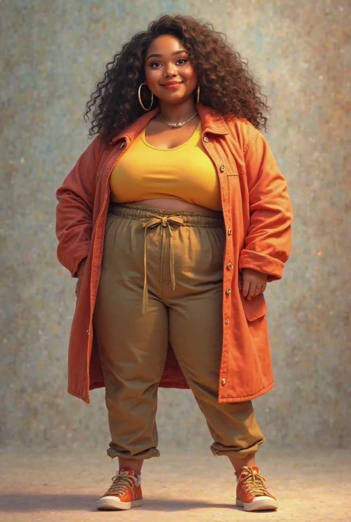 A black girl with curly hair wearing American hip hop style clothes and necklaces showing her entire body