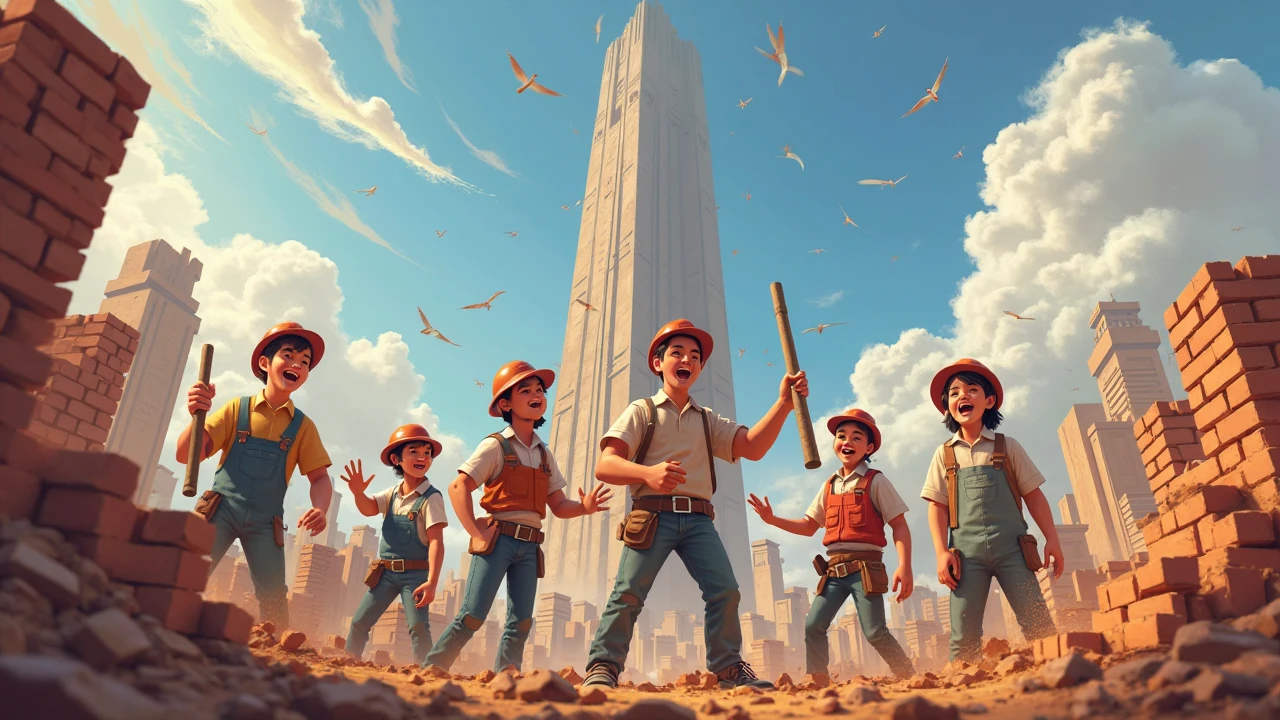 Young workers chanting in unison, mixing clay and stacking bricks, with a sense of joy and pride as the city’s first tower slowly rises behind them.