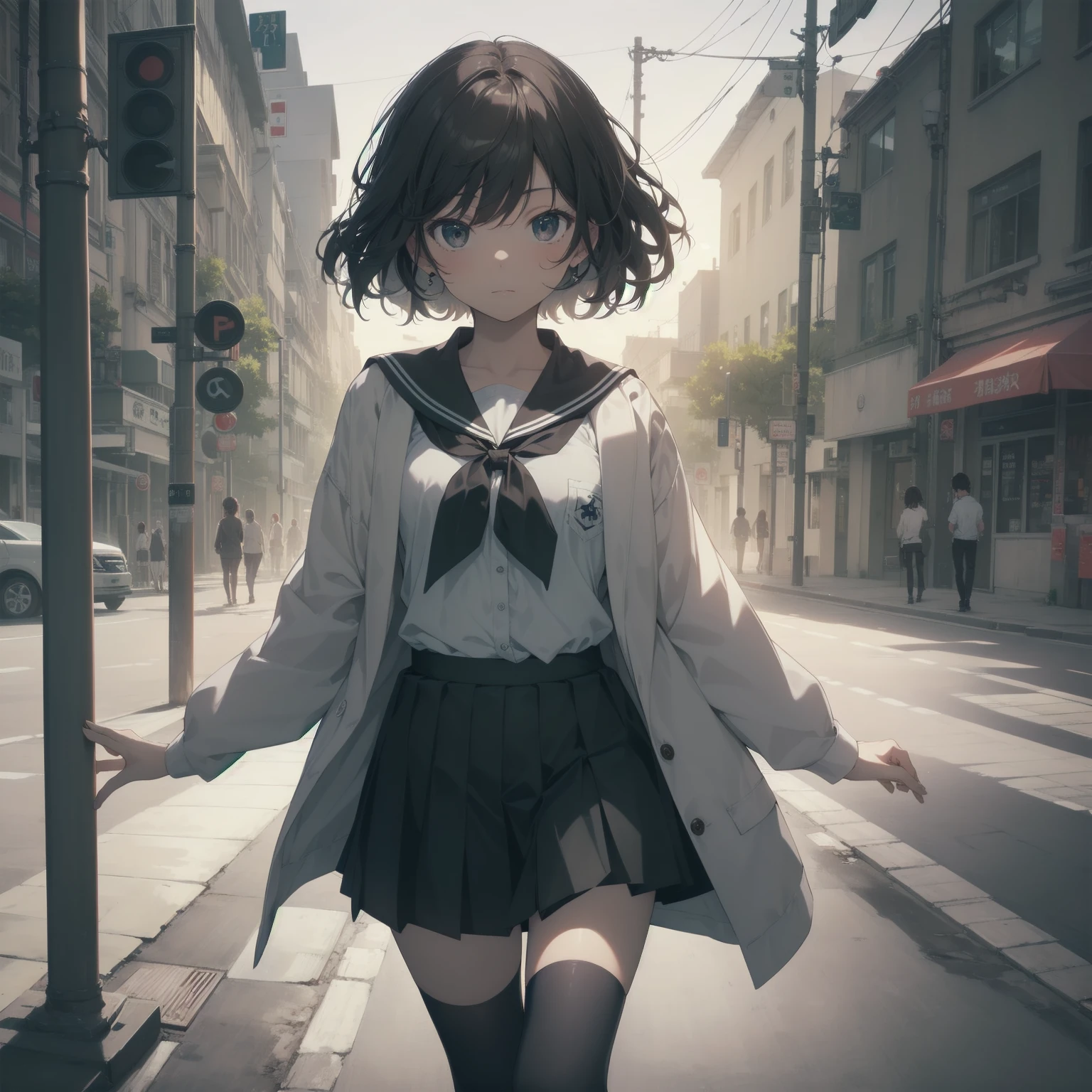 ultra-absurdres-Top quality by artist God, ultra-detailed, high resolution, anime moe artstyle, best anime 8k konachan wallpaper, pixiv contest winner, pool:2810, perfect anatomy,break, 1girl, (Please draw a girl walking sleepily to school alone. )break,(Solo,little female,o:1.3),Full limbs, ,a junior high school student, (very short hair), short cut, flat chest, , small butt, small black eyes, beautiful detailed eyes, well-proportioned iris and pupils, expressive eyes, highres detailed hair, soft expression, sailor school_uniform,  bow, pleated skirt,(Detailed Lighting), (Detailed background), in the School commute route. break,super detailed skin, Best cinematic lighting powered by famous artist, 8k,beauty illustration,photoshop_(medium),very aesthetic,break,((artist:beni_shake )), artist:mitsumi_misato,artist:fujiyama ,artist:kokonoka ,
