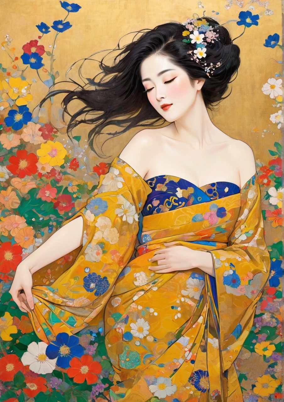 Masterpiece Paintings, Japanese middle-aged woman with Klimt pattern, flat art, Picture books, simple crayon drawing,  abstract,   lots of flowers  ,  illustration , Masterpiece Japanese Painting, flat  illustration ,   lots of flowers  , flat  illustration の日本人中年女性, 44 years old, Off Shoulder, disheveled hair, Petals Dancing in the Wind, goo-goo-eyes,harf-open-eyes,