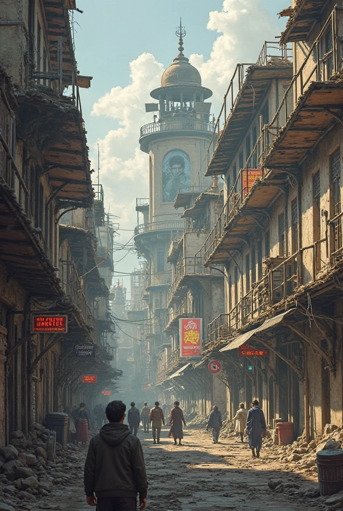 Damaged buildings or traditional architecture that has been neglected.
Obsolete or ruined technology, like old cars and decomposed machinery.
Advertising posters of the dominant society, showing your control.
Varied population, which may include people with expressions of resistance or resignation.
