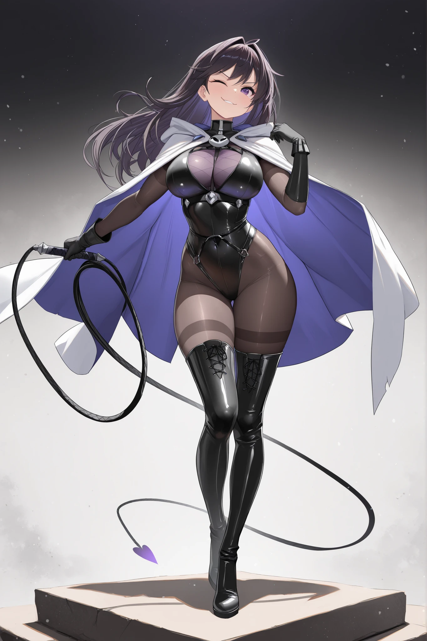 rikaph, 1girl, solo, animal ears, cape, shoulder armor, leotard, elbow gloves, fingerless gloves, (thigh boots:1.1), , smile, space, armor, open mouth, white cape, :d, staning, breastplate, floating hair, retro artstyle, 1990s \(style\) , house, huge breast, curvy, full body, face to face, refsheet,