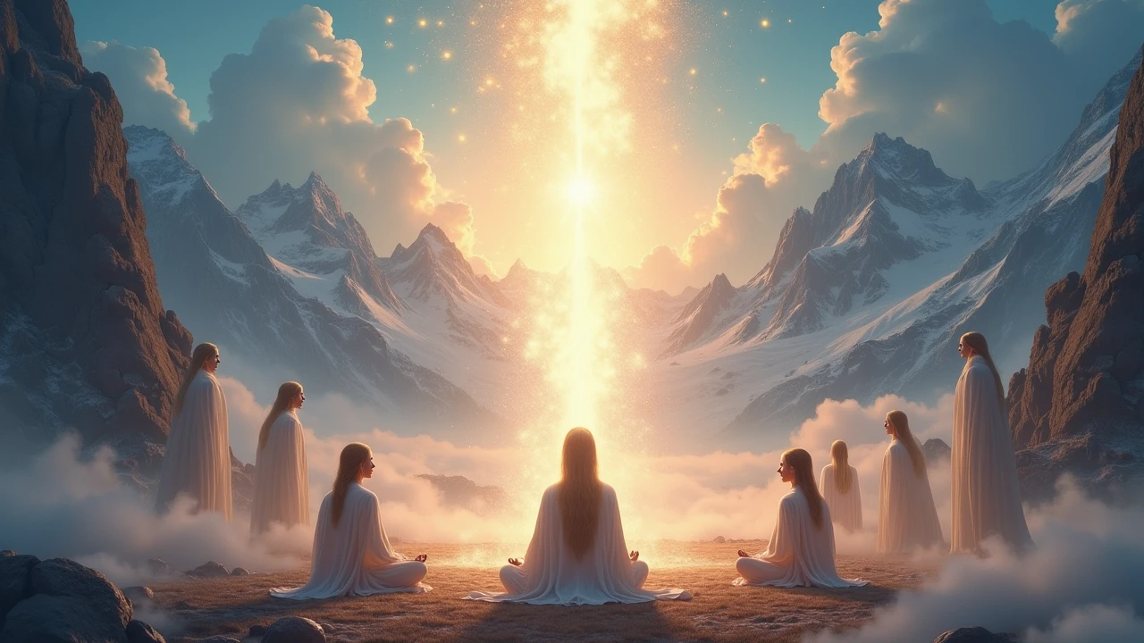 A divine celestial scene featuring spiritual figures meditating near a radiant barrier of light surrounded by mystical mountains, ethereal beings watching over them, cosmic energy flowing from the sky — ultra-detailed, surreal, heavenly atmosphere.