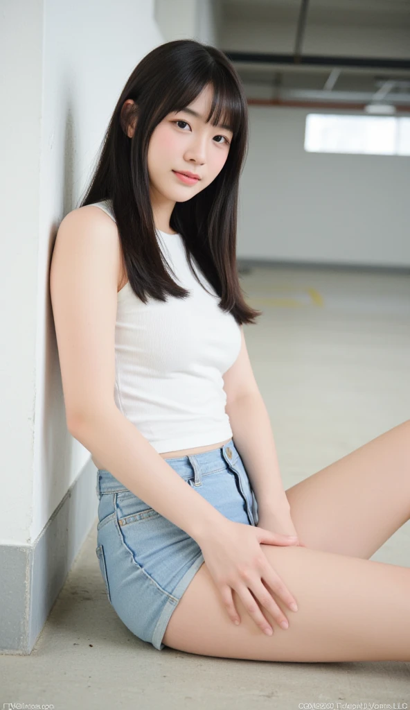 Cute face beautiful asian girl wearing denim shorts and tank top
High heels white
Squatting
Back view
Thick thighs