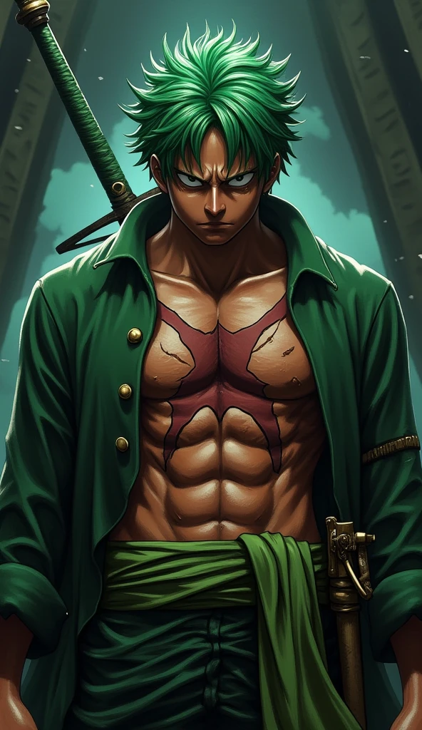 Portrait, Roronoa Zoro, Adventure worldview, green hair, Akatsuki uniform, sword holding posture, High resolution digital art, 2.5D CGI technology, High quality details, strength and determination, Yang Jie style, Meditation rock scene, Deep character descriptions, 4K visual experience, Roronoa Zoro Characteristics, Advanced art technology, world building perspective, Character display, Aesthetic photography art, descriptive details, about the ultimate sense of reality, art style imitation, role building, Plot world description, environmental details, character emotional expression, "Adventure" cultural atmosphere.

Roronoa Zoro, (\One Piece\), handsome, green piercing glowing eyes, green hair, short green hair, signature green haramaki, strikingly handsome, high cheekbones, straight nose, well-defined jawline, darkened countenance, fair skin, long lashes, thick eyebrows, glossy, masculine face, stern stare, strong jaw line, smirk

signature green haramaki, black trousers, white shirt left open to expose muscular torso, and his three katanas, which reflect his status as one of the strongest swordsmen in the One Piece universe.

((Roronoa Zoro's pose), rural landscape, at dusk, dynamic lights), scar across right eye, Eiichirō Oda

One Piece_theme

1 man, solo, looking at viewer