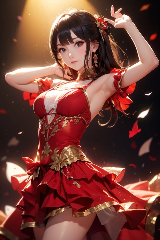Anime girl in red dress and green leaves in front of black background, author:heroes, Standing gracefully in front of roses, guweiz on pixiv artstation, Very detailed ArtGerm, guweiz on artstation pixiv, Alphonse Mucha and Rose Drews, Popular topics on artstation pixiv, anime goddess,The picture is real,be full of details,4K,The contours of the face are clear,