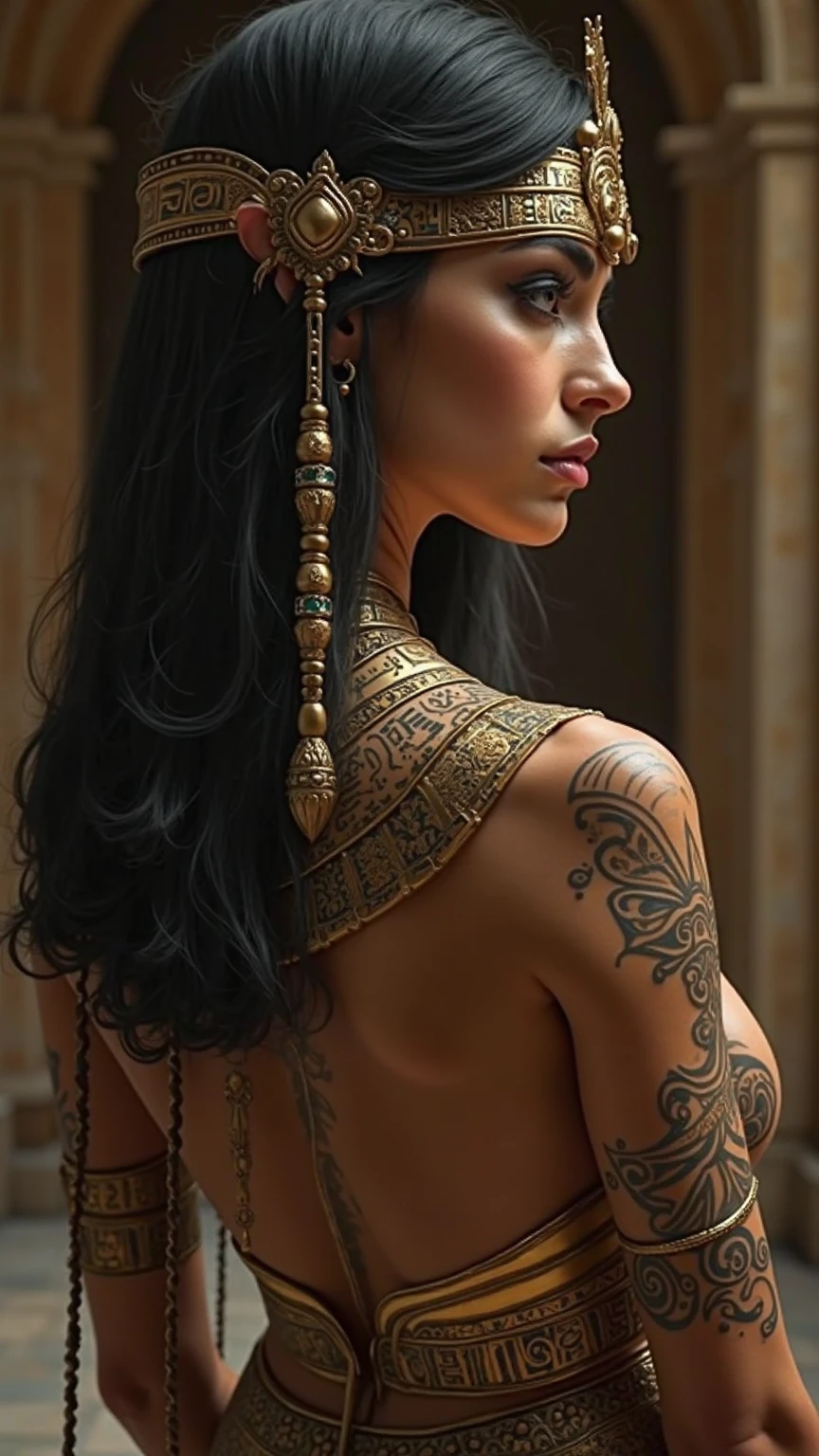 (total nude) full length body shot, that captures the unique beauty and complexity of petite 22 yo ((evil witch)) female Nubian tribe full body without clothes ((absolutely nude)), asian eyes and nose, tattoos, enamel, ceramic jewellery, trending on artstation, sharp focus, studio photo, intricate details, highly detailed, 32K resolution, perfect composition, perfect face, ultra detailed