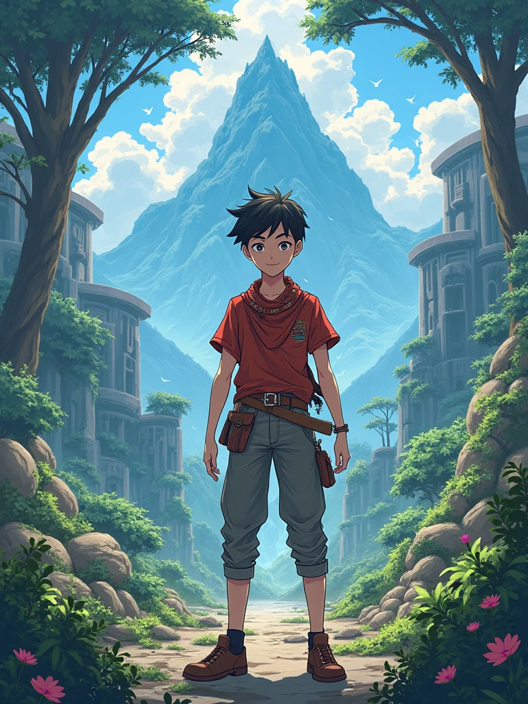 A ager boy got trapped into an rpg adventure game in anime art style with the title in middle 'Crimson Quest' and make the character tall