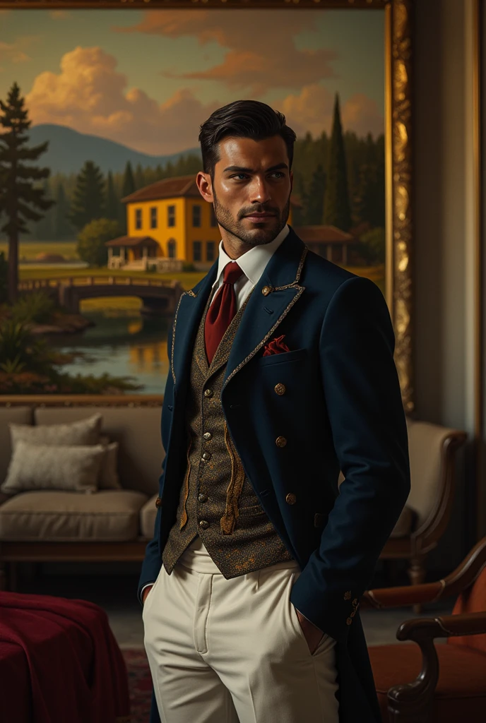 (3/4  side view), (fullbody photorealistic evocking homoerotic elegant etherea male beauty scene),  the most tender ever seen, masterpiece: 1.5, beautiful lighting, best quality, beautiful lighting, realistic and natural image, intricate details, all in sharp focus, perfect focus, photography, masterpiece, meticulous nuances, supreme resolution, 32K, ultra-sharp, extremely shallow depth of field, RAW photography, maximum quality. IMAX quality camera. Volumetric lighting, (extremely detailed skin texture and pores).

Imagine a beautiful professional photograph of a handsome man. Full body shot. Shot from above, aerial shot. Close-up shot, (wide shot)

The setting is a rural landscape in the distance black house, river, bridge and yellow fancy mexican farm house,  golden  hour
He is smiling  staniding, looking at the camera (natural relaxed pose)
(he is wearing classic horseman very formal england outfit: ((brown boots)), ((white pants)), ((white shirt)), ((navy blue button-down jacket)), ((red tie)), ((brown gloves))
he is standing in a  minimalistic soft colors living room, with a large painting on the wall with a landscape with yellow intense plantation house e, standing looking at the camera

((Czech 18 years old man)), slender toned atlethic aesthetic  strong body,  190 cm, young, 18 years old,  extremely natural and shiny skin, black hair, short hair, wet hair moves with the wind, perfect proportions, masculine attitude, masculine curves, ((perfect hands)). virile, narrow waist, light blue eyes, big and bright eyes. no facial hair, big and voluptuous ??????, bulge under clothes, thick legs. fleshy ?????, pubic hair, ????? hair, armpit hair. handsome  showing his varonil, masculing gaze, white skin, green eyes, black straight short hair, roman nouse, thin lips, square jaw, square face, smirking, focus on  strength and expertise of the man is visible. It is a close-up image, focused on the strong man

evocking homoerotic elegant etherea male beauty scene, paul_ch
