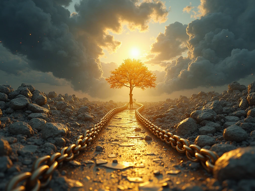"A symbolic 3D artwork depicting a journey from emotional chaos to growth and freedom, with a dark stormy background transitioning into a bright, serene sky. In the foreground, a golden path winds through broken chains and scattered debris (representing emotional struggles like fear, lies, and societal pressures), leading to a radiant golden tree or a glowing figure symbolizing self-control, healing, and inner peace. The scene is illuminated with soft light reflections, creating a sense of uplifting transformation and hope."