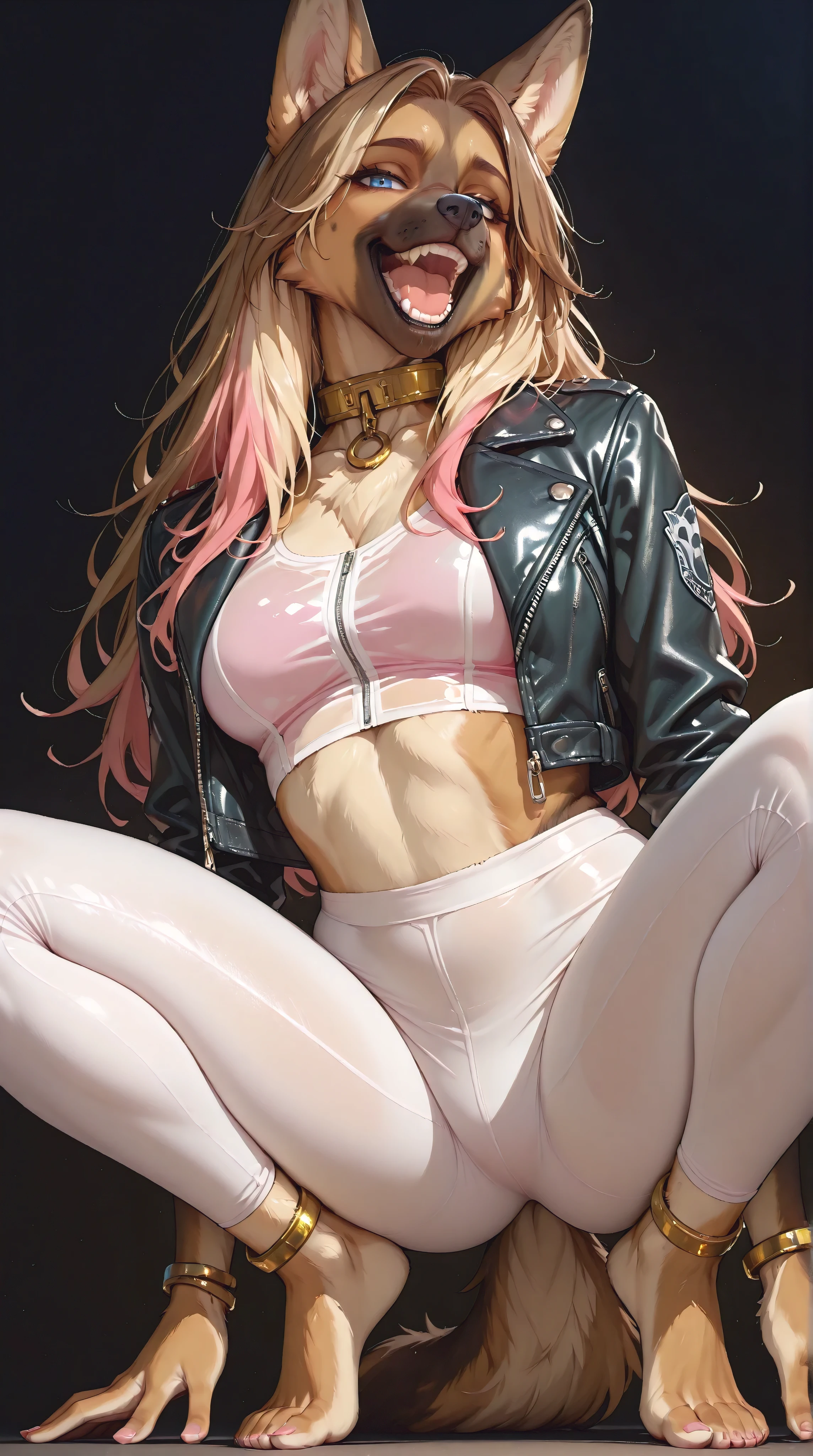 A girl, 20 years, Blonde hair with pink highlights very long straight, fringe, pink eyes, Pale skin, marked feminine features, wearing a full black tight leather suit with pink details, white jacket with pink, Posing, hands on breasts, smiling, pink marked lips.