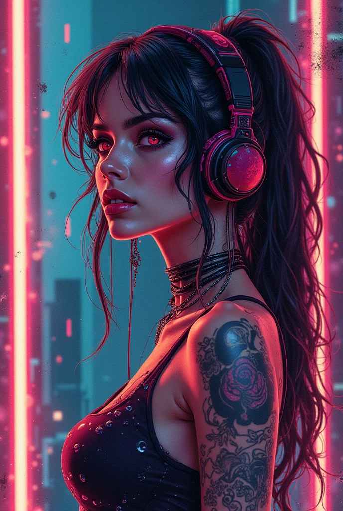 Korean purple hair butterfly woman with headphone and transparent outfit kissing Santanas in hell