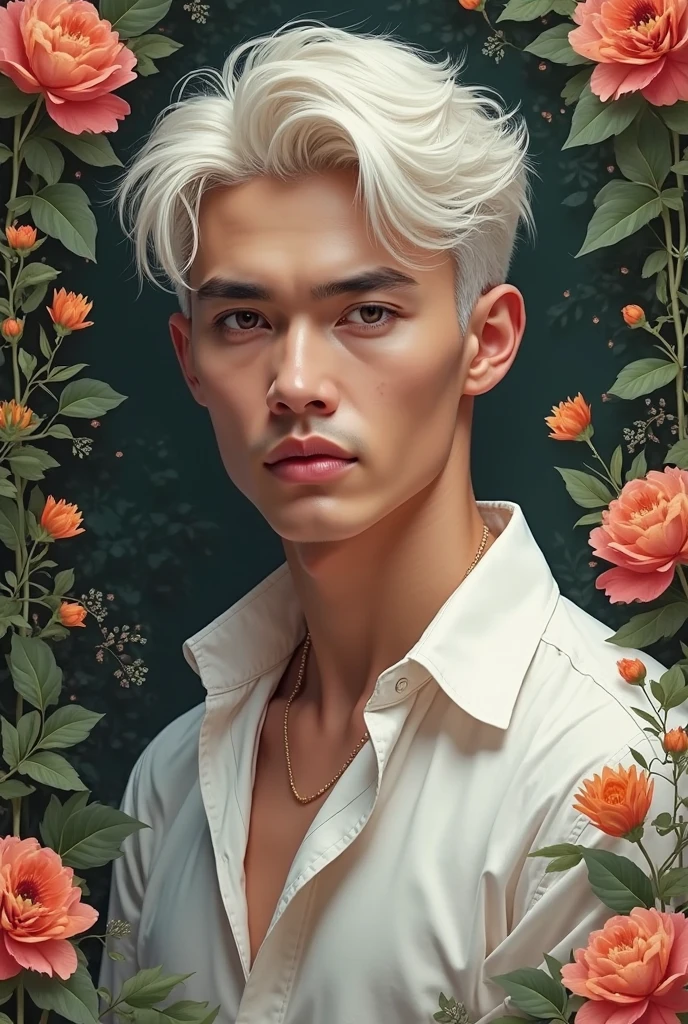 A young man with short white hair who look extremly handsome like young johnny depp. Wearing white shirt for flowery portrait. Look cold