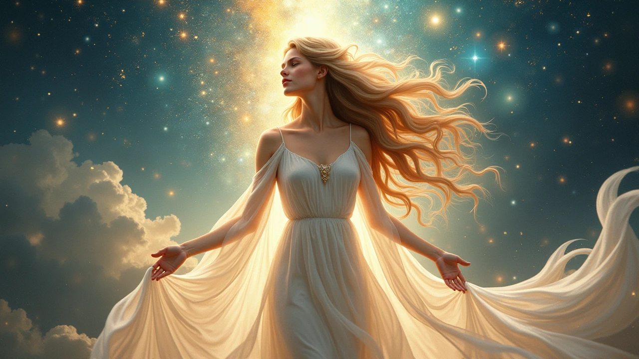 A graceful feminine figure with flowing cosmic hair, surrounded by stars and galaxies, her presence serene and wise, symbolizing thanksgiving opening the door to divine abundance, ethereal and dreamlike.