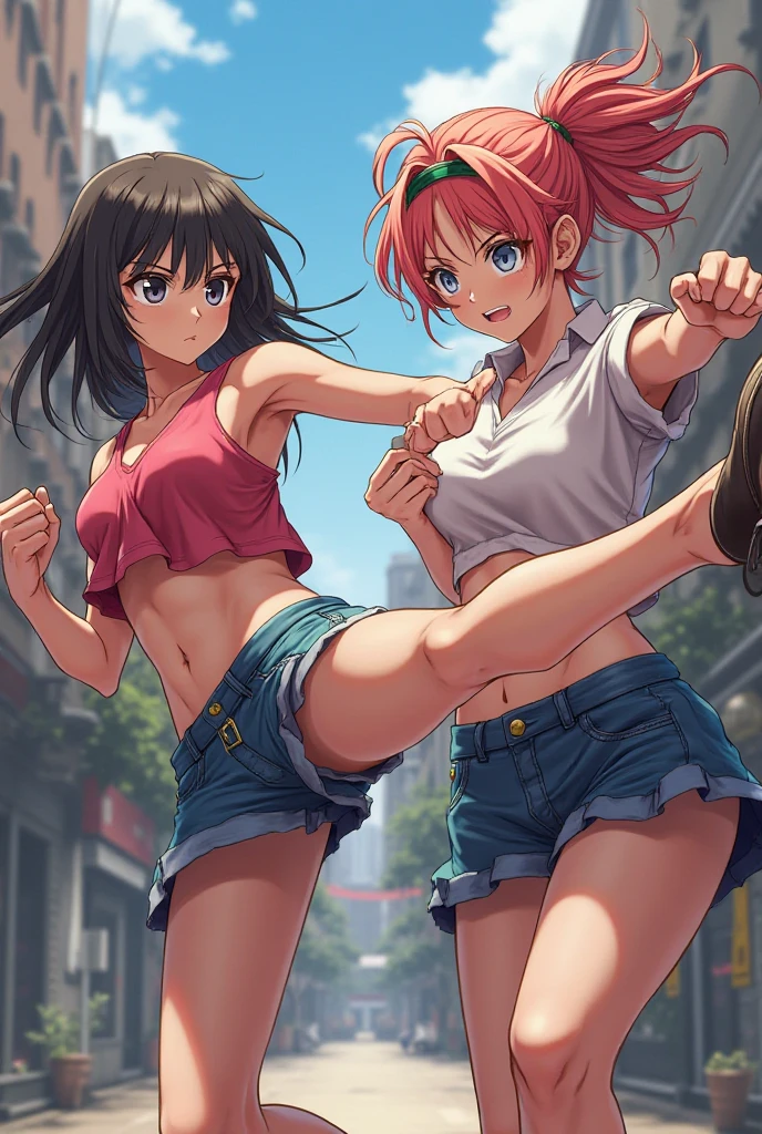 knee high sox, Two cute Japanese female fighters with black hair and shorts cut fighting in the under ground arene, drenched in sweat. One eye closed, out of breath. Tank tops. high-leg Denim shorts. Open finger gloves. erect nipples.
