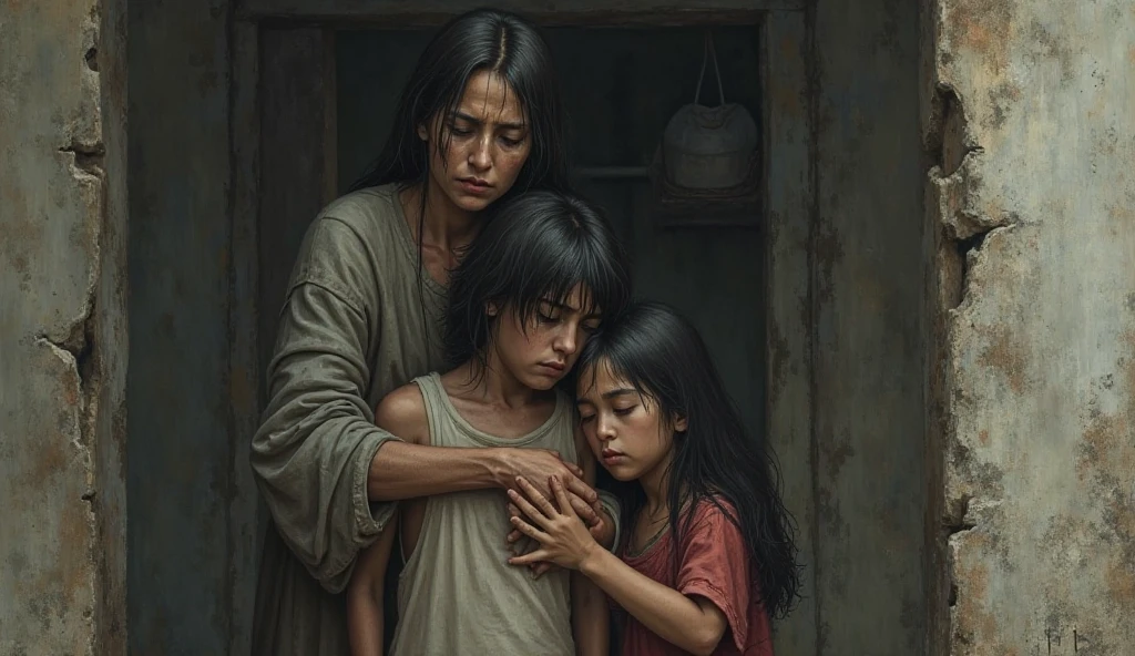 A wife, a young man and a girl who denote mistreatment, sadness and desolation 