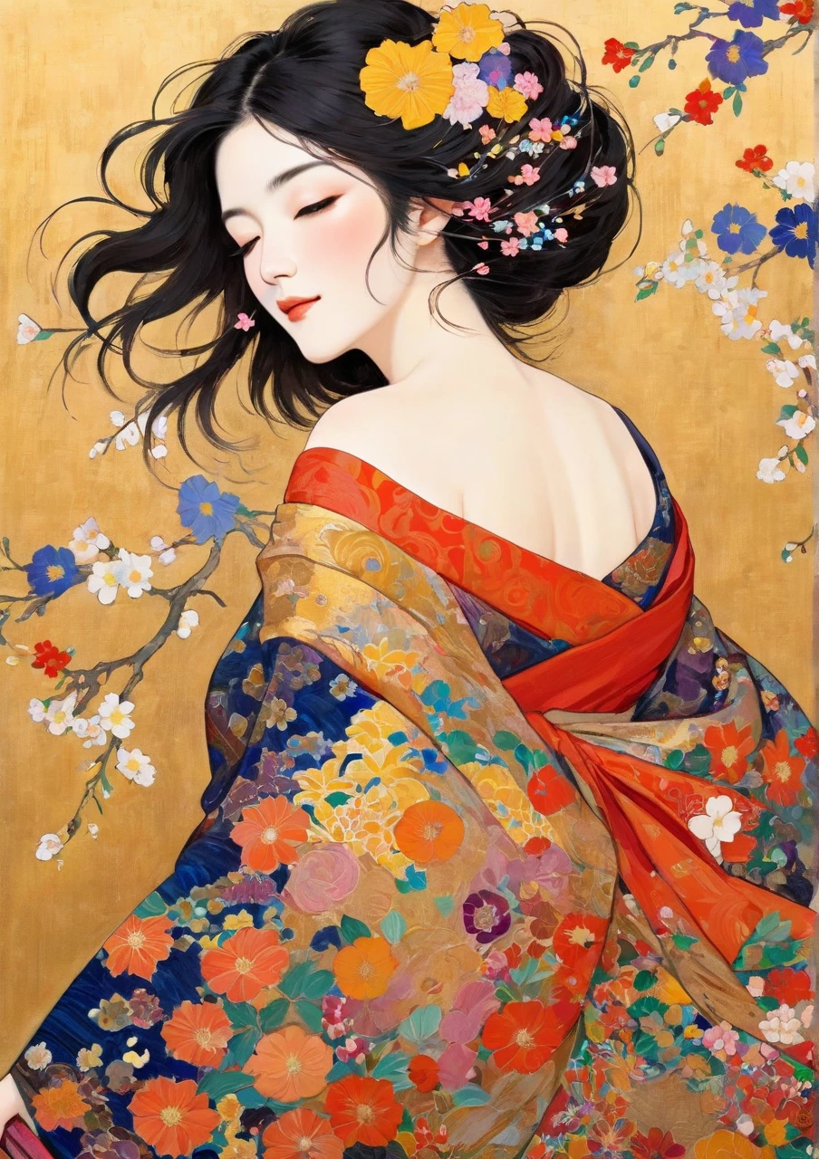 Masterpiece Paintings, Japanese middle-aged woman with Klimt pattern, flat art, Picture books, simple crayon drawing,  abstract,   lots of flowers  ,  illustration , Masterpiece Japanese Painting, flat  illustration ,   lots of flowers  , flat  illustration の日本人中年女性, 44 years old, Off Shoulder, disheveled hair, Petals Dancing in the Wind, harf-open-eyes, sexy,