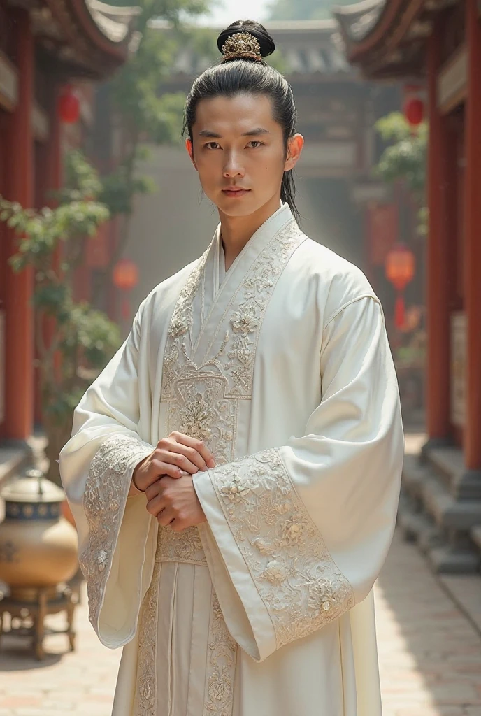 A handsome Chinese man is a nobleman wearing a white antique Chinese dress