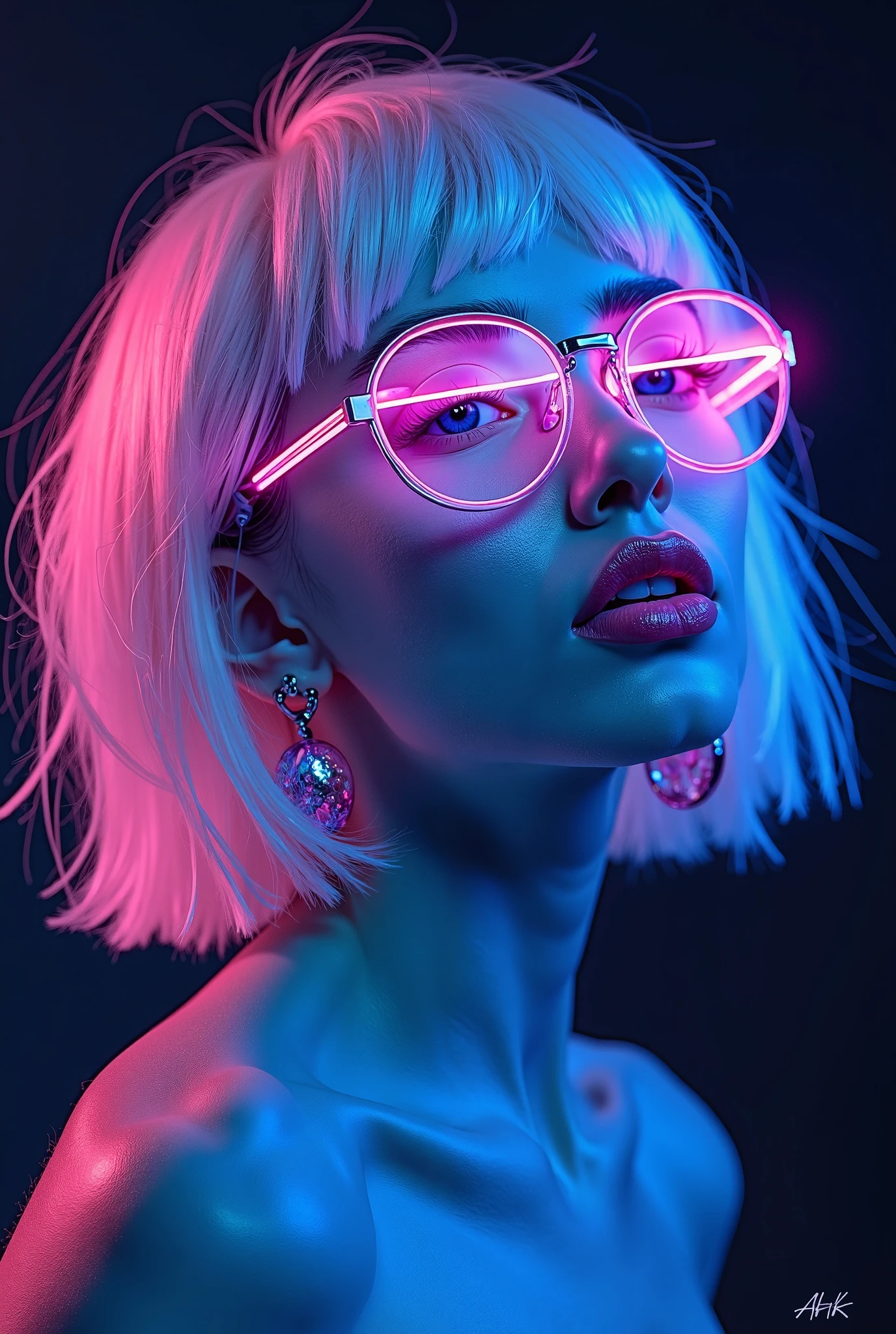 An attention-grabbing, vibrant art piece featuring a neon blue woman with white hair, wearing stylish glasses and pink earrings against a dark background. Emphasize the glowing effect of bright neon lights on her face for a striking visual impact. Ensure that all elements, including the eyes, lips, neck, and shoulders, are clearly visible in the composition. The overall mood should convey elegance through bold colors and dynamic lighting. "AHK" written signature of artist bottom right corner in fancy initials, 24k, 3d, uhd, emotive, art,

