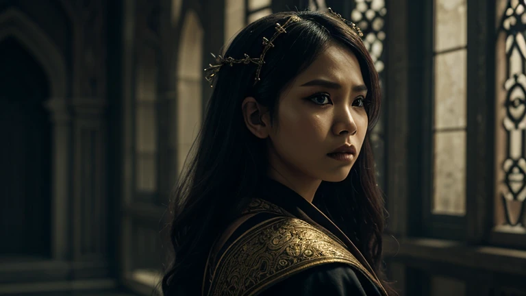 One main character depicting a beautiful and graceful Gothic female figure full of remorse—in costume, long robe , and eyes that radiate sadness.

Sometimes punctuated by "malaikat" atau "bayangan" which overlaps.