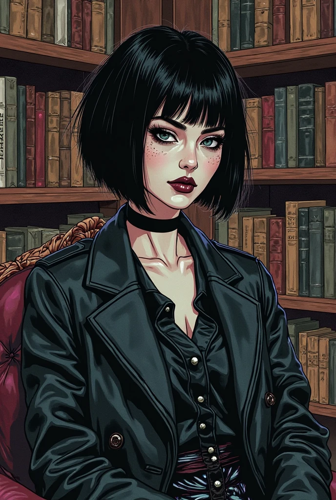 [comic book style] [thick lines] [GTA style drawing] [desenhado]  27-year-old female, glasses with black and round frame,  black eyes, short and dark hair,  cut asymmetrically , with straight fringe that covers part of the eyes. Pale skin and eye makeup with marked eyeliner and dark lipstick, contrasting with her always serene and distant expression. Her clothes mix elegant tailoring with theatrical elements: long coats, metallic fabrics and silver accessories, corpo todo, closed body with no neckline,  sitting in a library ,  reading a book, very large and heavy dark circles, face of extreme tiredness and expression of discouragement, Face similar to that of Lady Gaga