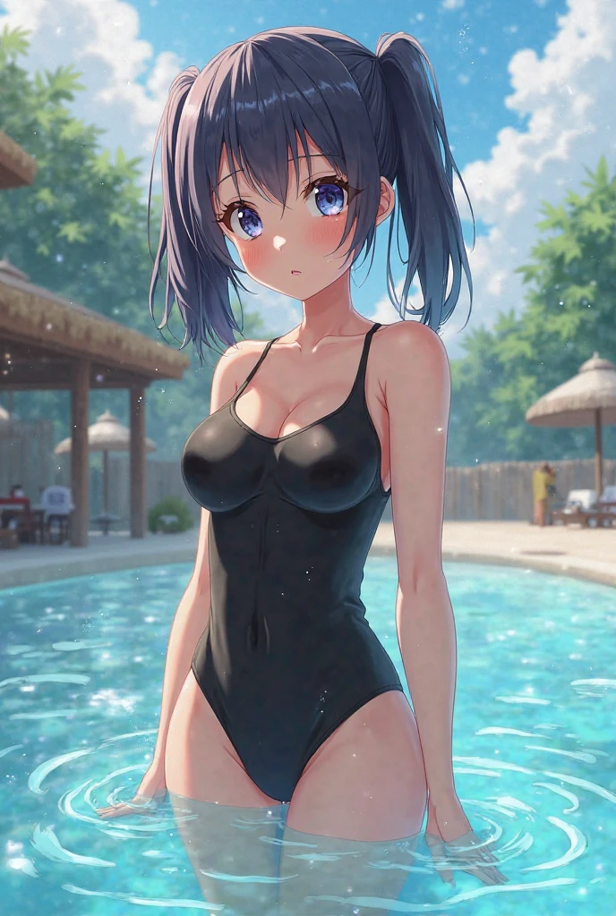 A 27-year-old female office worker enjoys her holiday at the indoor pool.、dark brownの髪色でロングボブヘアーです、A blue cloth covers the area from 4cm below the right collarbone to the bottom of the left nipple, a dark blue cloth covers from 4cm below the left collarbone to the bottom of the right nipple, and a white cloth covers the lower half of the cleavage. swimsuit tops、Navy blue swimsuit panties with ribbons on the sides、A white, transparent cloth is wrapped around the waist to form a skirt so that the panty line is visible.、The ceiling and walls are made of glass、You can see the night sky outside the glass、It&#39;s late night now