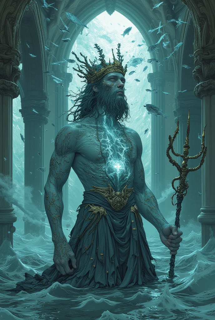 A surreal dark fantasy portrait of Poseidon standing in a flooded cathedral, his trident snapped in half and bleeding glowing kelp. His skin is pale blue with barnacle-encrusted tattoos, his beard drifting like seaweed in water. A cracked coral crown sits uneven on his head, and ghostly fish swim through his transparent chest. The waves behind him form the shapes of screaming souls. Highly detailed with gothic marine elements and baroque sea-god regality.