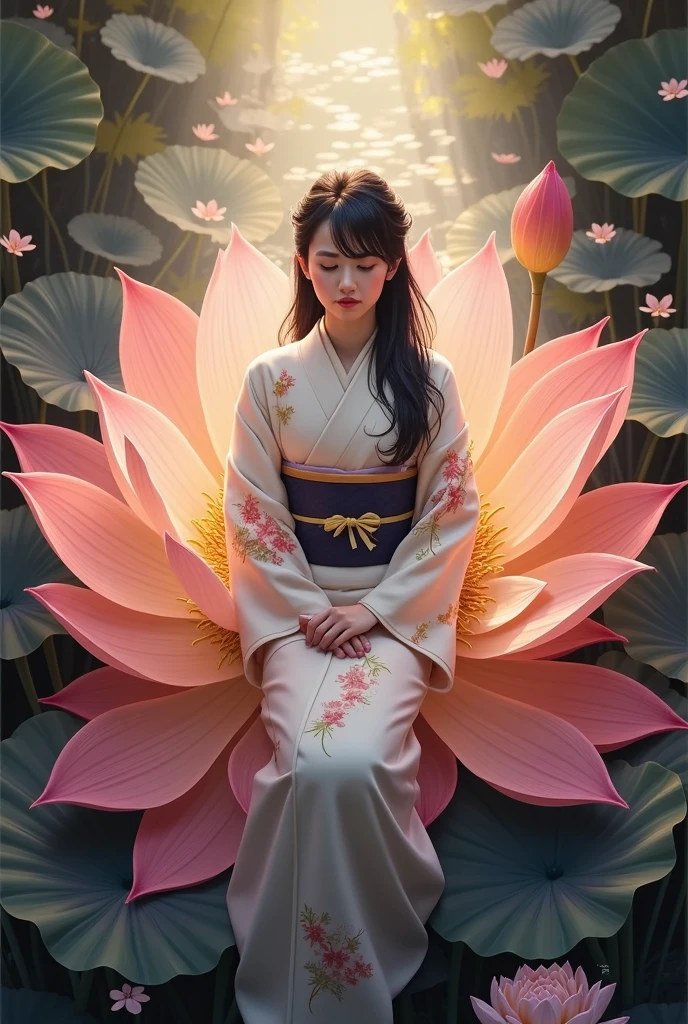 A woman in a kimono is sitting on a lotus flower、anatomically accurate and perfect、dark eyes、long black hair、A huge glowing lotus flower、A soft glow with serenity and warmth、Light-wandering particles、Relaxed Atmosphere、Silence、beautiful fantasy artwork、illustration style、 oil and watercolor、Best Quality、high image quality、masterpiece:1.2、4k、isometric drawing、