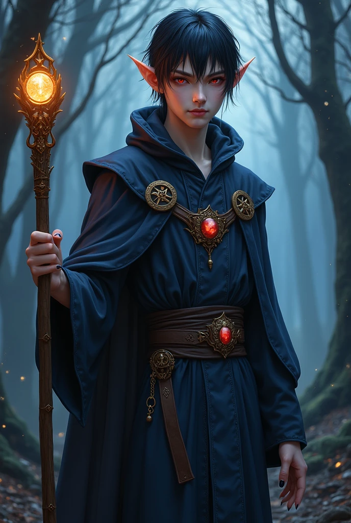 *"A young Dornory male, , ruby-red eyes, sleek black hair with natural white streaks, slightly elongated black nails, elegant and athletic build. Pale silverish skin, sharp facial features, pointed ears. Wearing a dark blue mage apprentice robe with earth and water motifs. Holding a wooden staff with a glowing gemstone. Mysterious forest background, soft magical glow, twilight atmosphere. Semi-realistic style, intricate details, fantasy art."*  