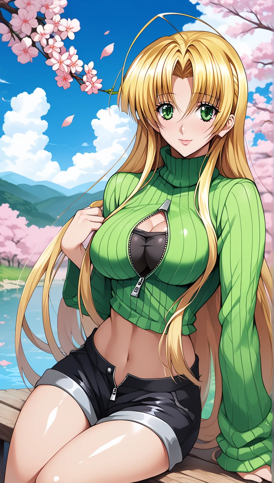 gigantic breasts, short shorts, forest, crop top smile, blonde hair, wide hips, <lora:Leirix:0.6>