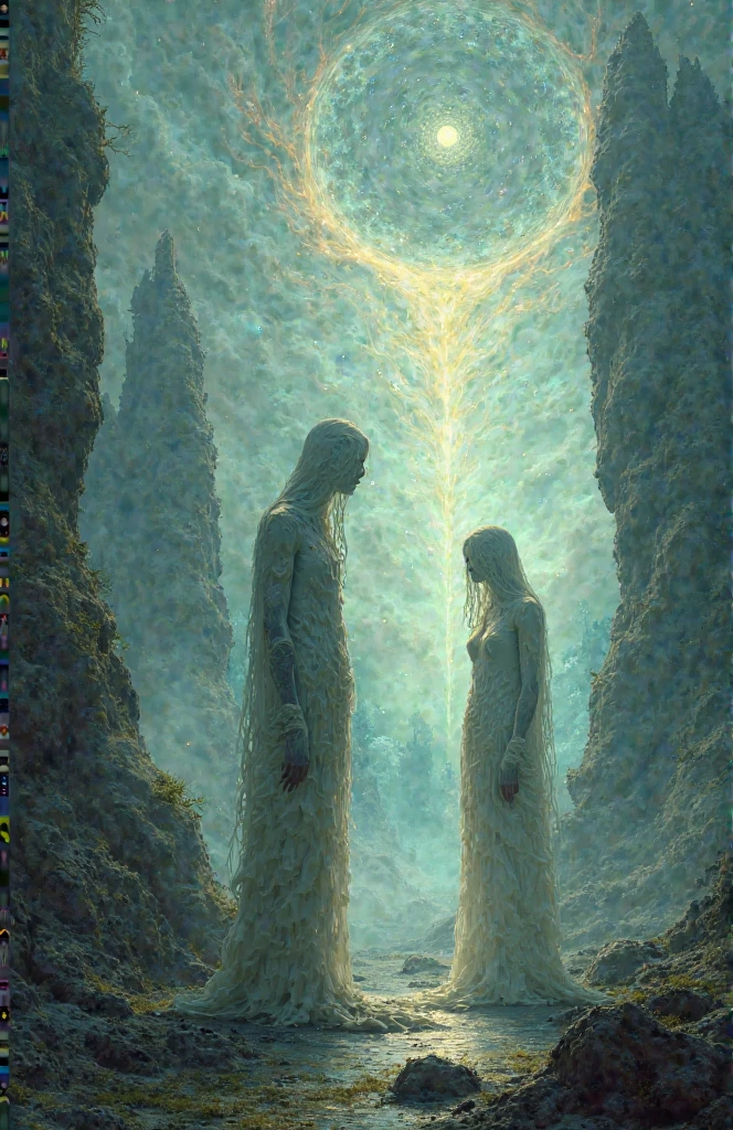 "Depict a lone figure running through a dreamlike, otherworldly landscape, desperately reaching out to grasp towering, ethereal silhouettes. These giant forms shimmer with hues of gold, blue, and purple, representing the cycle of dawn, noon, and twilight. The figure’s hands pass through the silhouettes as they begin to dissolve into the misty air, evoking a sense of fleeting presence. The ground is a patchwork of faded, torn pages, and the sky above shifts rapidly, bathed in swirling, otherworldly colors that create an atmosphere of urgency and longing."