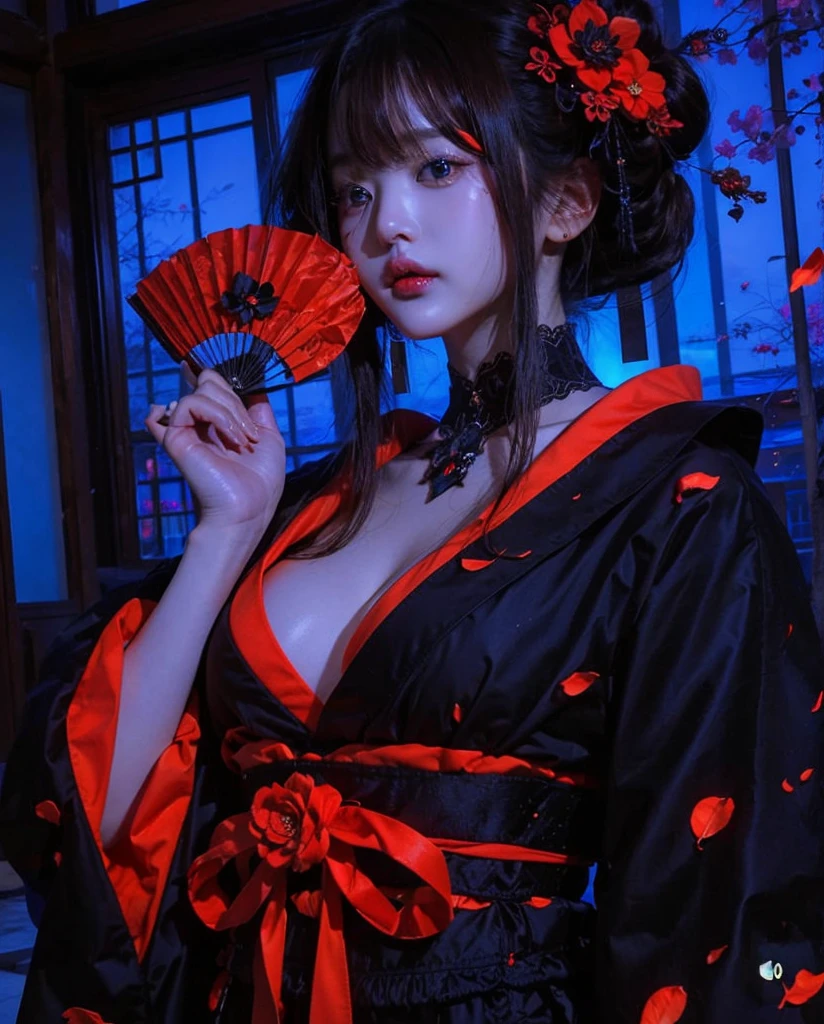 Highest quality、Masterpiece、Highest detail、Japanese Yokai、A naked hell girl floating in the darkness、Bob-haired beautiful girl、Vermilion eyeliner、A simple thin kimono with a red ruffled chest、Glare、Feeling fear、Red moon background、Multiple exposure dense fog