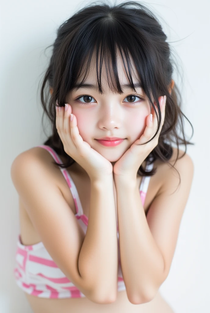 (Taken in long shot、Full nude shooting、hightquality、​masterpiece、ultra res、８In K)、(japanese beauty girl(Clear eyes:1.3)、(10-year-old female model(Super cute face in idol style:1.2))、(girl with１a person、A smile、Looking at the camera、Lovely smile)、(Hairstyle in a ponytail、Bangs are snappy)、(Full nude shooting)、(My pussy is smooth, The pussy is super precise)、(The breasts are beautiful、A well-balanced slender nude figure)、(girl withの頭から足までをTaken in long shot)、(Cute pink room, Pink lighting)、
